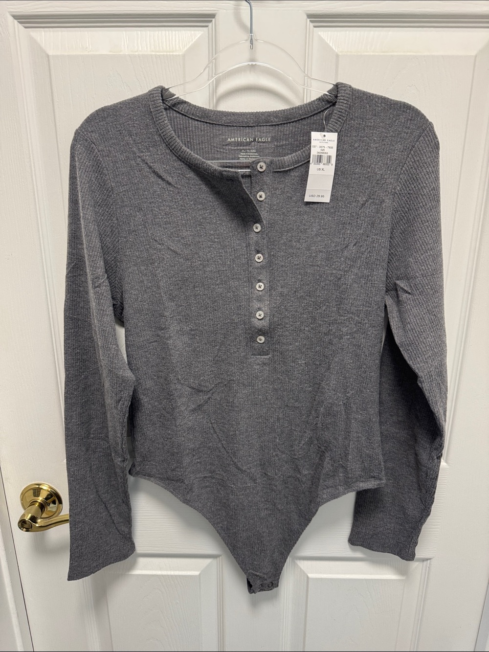 American Eagle Outfitters Dark Gray Ribbed Henley Bodysuit - Long Sleeve